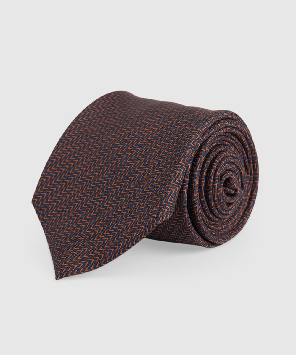 Blue/Orange 3-Fold Silk Tie with Patterns