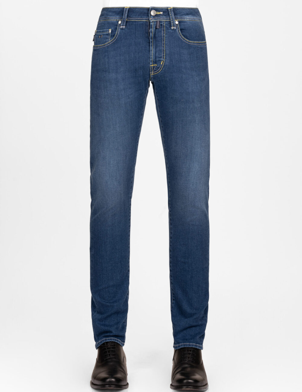 LEONARDO ZIP SS SLIM COLOR STITCH JEANS IN MEDIUM BLUE STRETCH DENIM - Image 2
