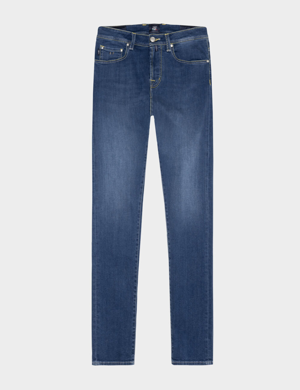 LEONARDO ZIP SS SLIM COLOR STITCH JEANS IN MEDIUM BLUE STRETCH DENIM