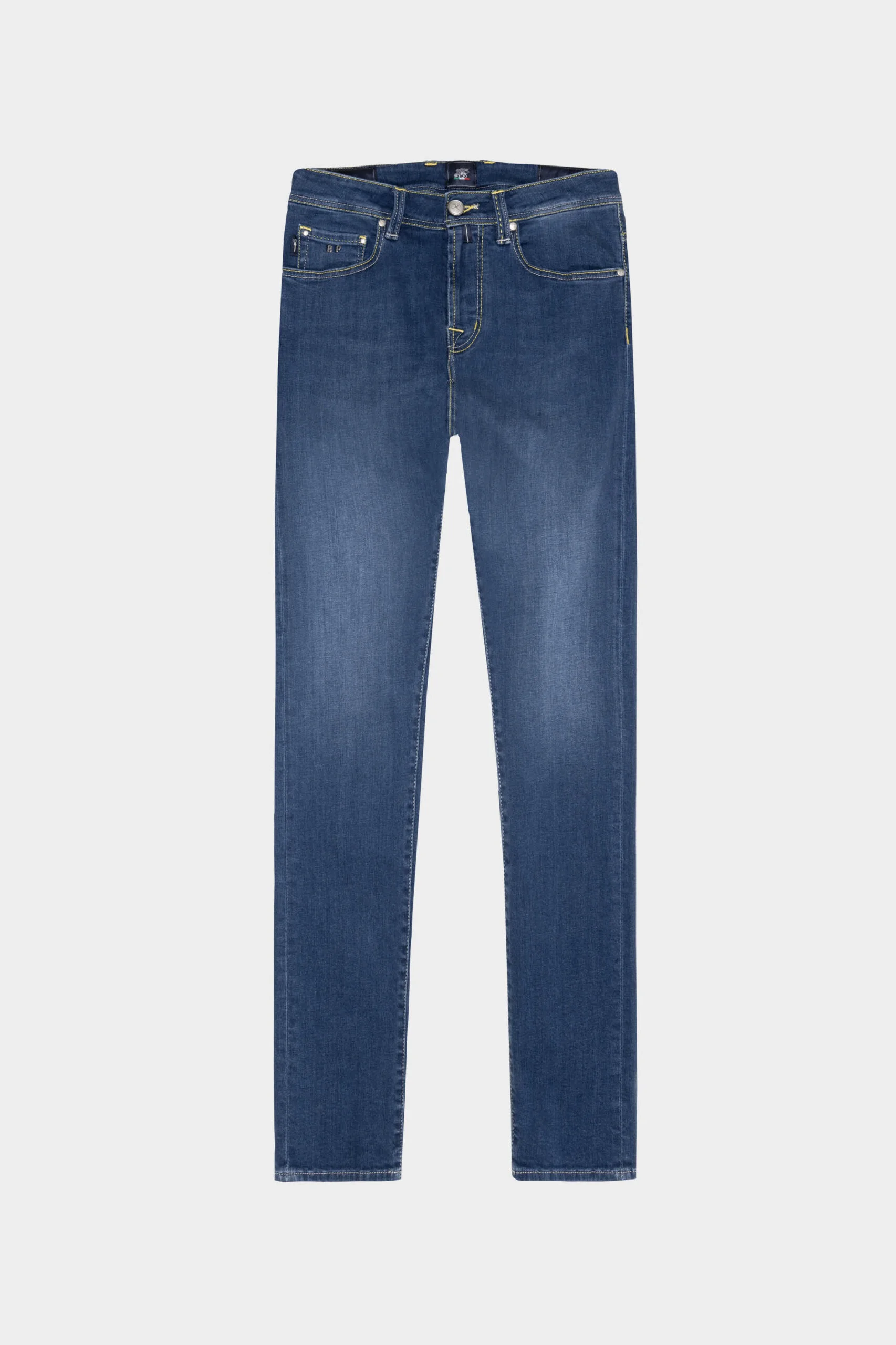 LEONARDO ZIP SS SLIM COLOR STITCH JEANS IN MEDIUM BLUE STRETCH DENIM